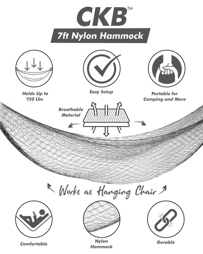 7ft Nylon Hammock - Portable and Easy to Set Up - Holds up to 220LBs